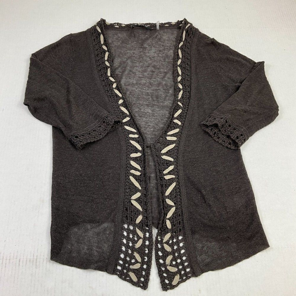 Zozo Linen Blend Cardigan Gray Ribbon Trim 3/4 Sleeve Sweater Size M Medium *